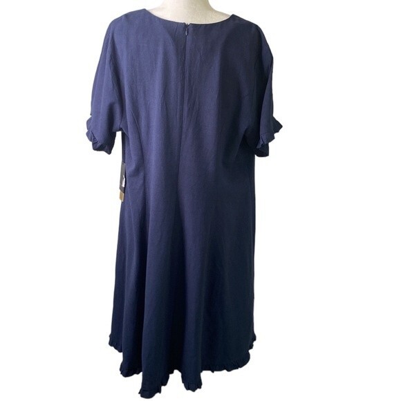 Marée Pour Tio V-Neck Ruffle Trim Short Sleeve Knee Length Dress Viscose Linen - Picture 5 of 15